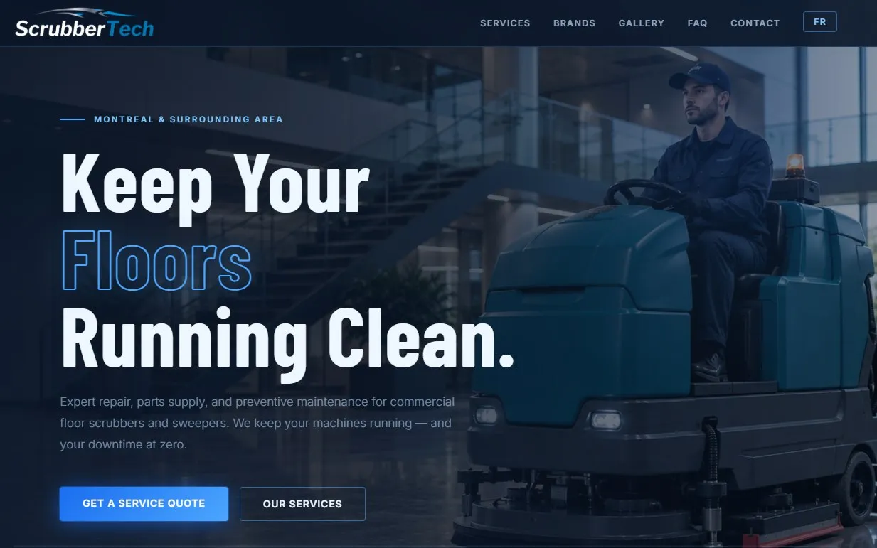 Homepage of ScrubberTech's website: “Keep Your Floors Running Clean.” Floor scrubber repair in Montreal.